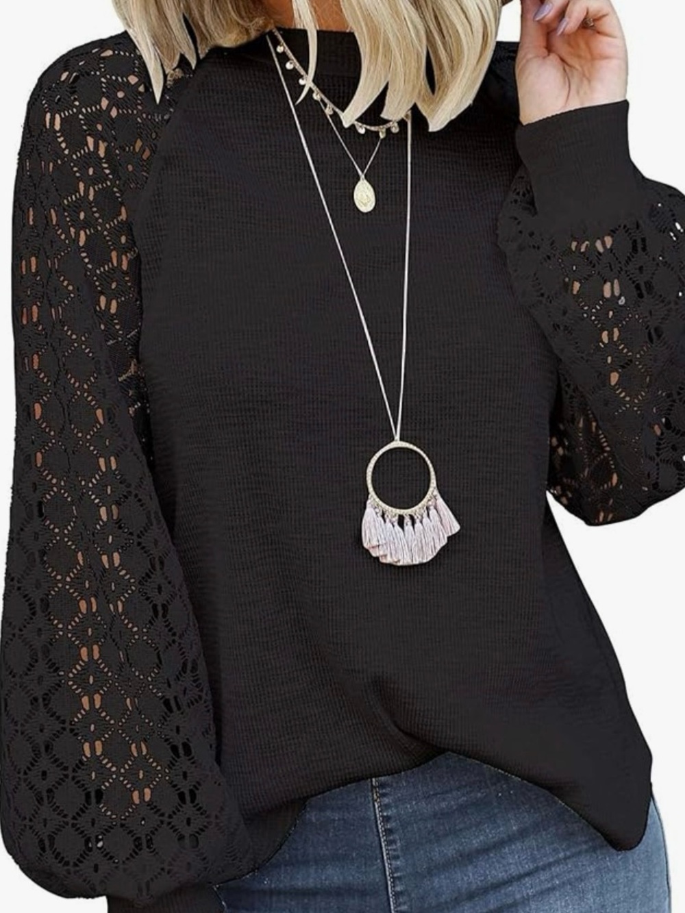 Black Crochet-Sleeve Women's Top - Chic Long Sleeve